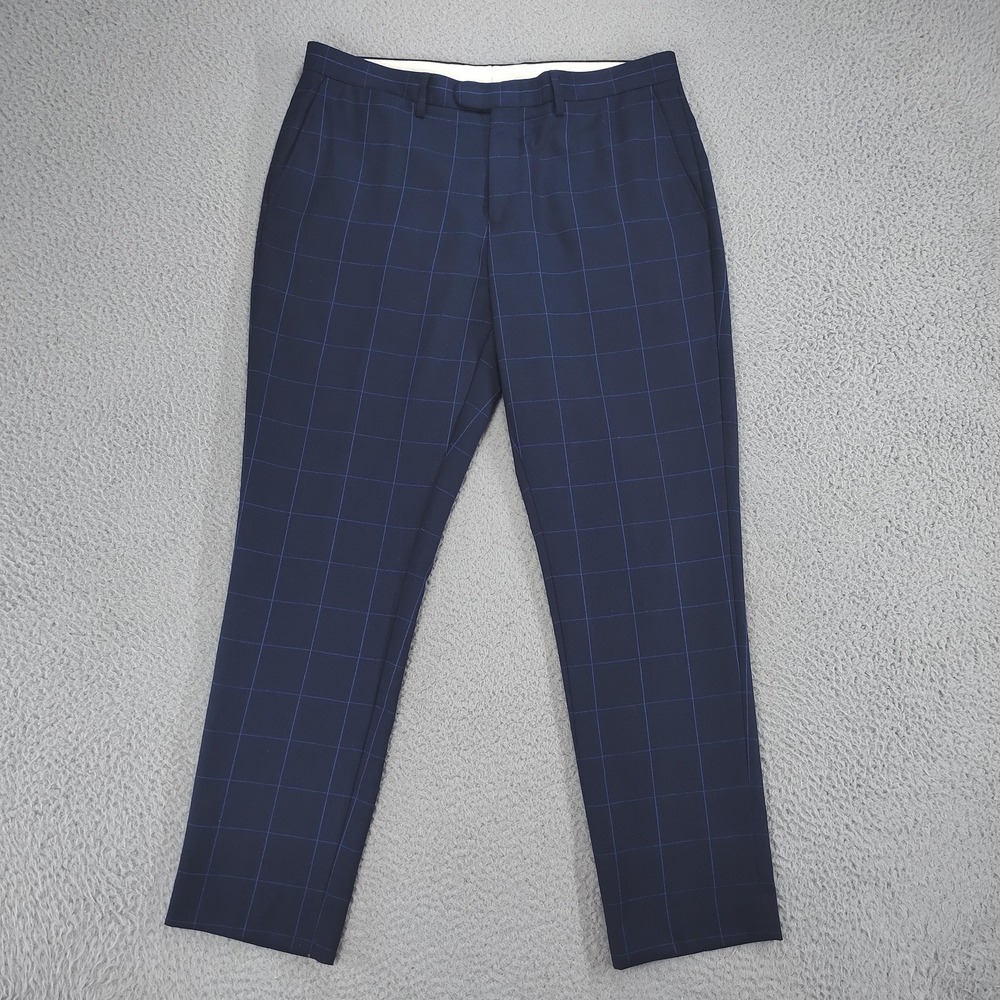 J. Crew Bowery Pants Mens 34x30 Slim Blue Windowpane Pattern Dress Slacks Hole